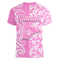 Hawaii Kauai Island Women V Neck T Shirt Hibiscus Pattern Seamless Tribal Simple Pink LT03 - Polynesian Pride