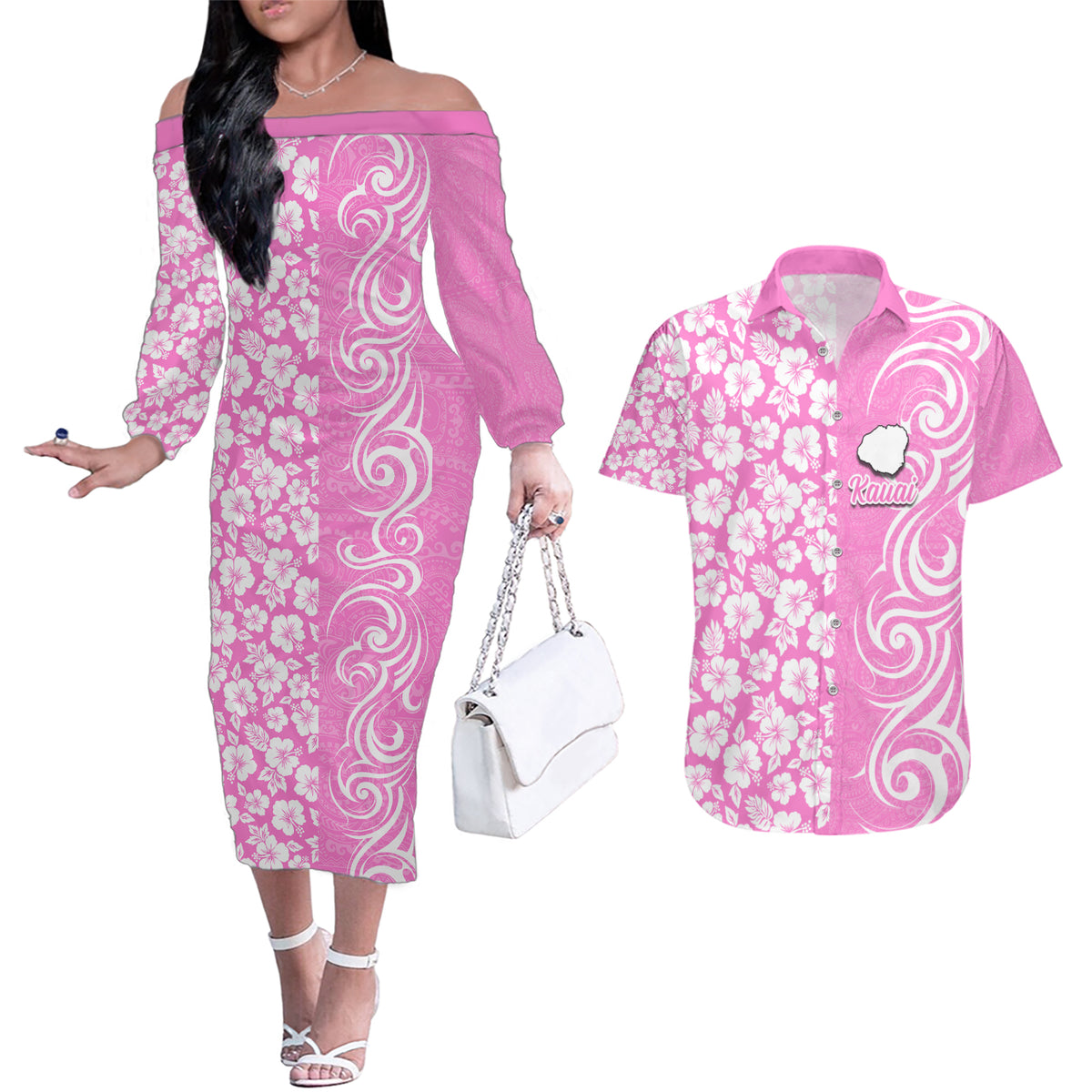 Custom Hawaii Kauai Island Couples Matching Off The Shoulder Long Sleeve Dress and Hawaiian Shirt Hibiscus Pattern Seamless Tribal Simple Pink LT03 Pink - Polynesian Pride