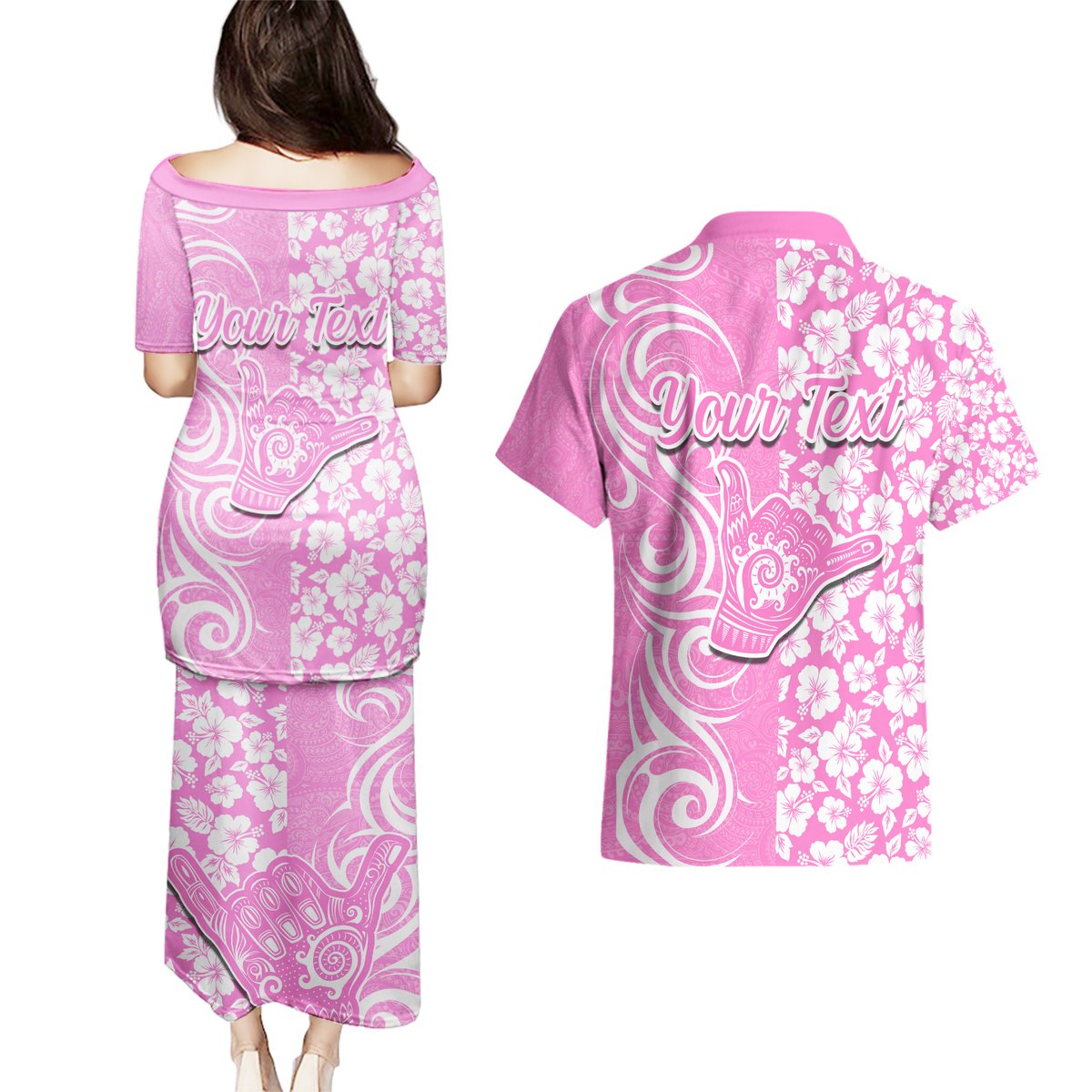 Custom Hawaii Kauai Island Couples Matching Puletasi Dress and Hawaiian Shirt Hibiscus Pattern Seamless Tribal Simple Pink LT03 - Polynesian Pride