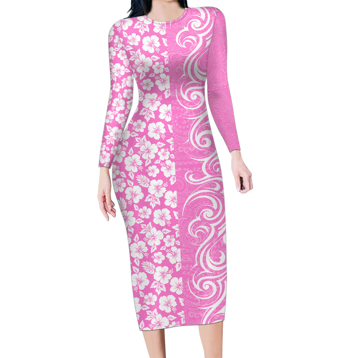 Custom Hawaii Kauai Island Family Matching Long Sleeve Bodycon Dress and Hawaiian Shirt Hibiscus Pattern Seamless Tribal Simple Pink LT03 Mom's Dress Pink - Polynesian Pride