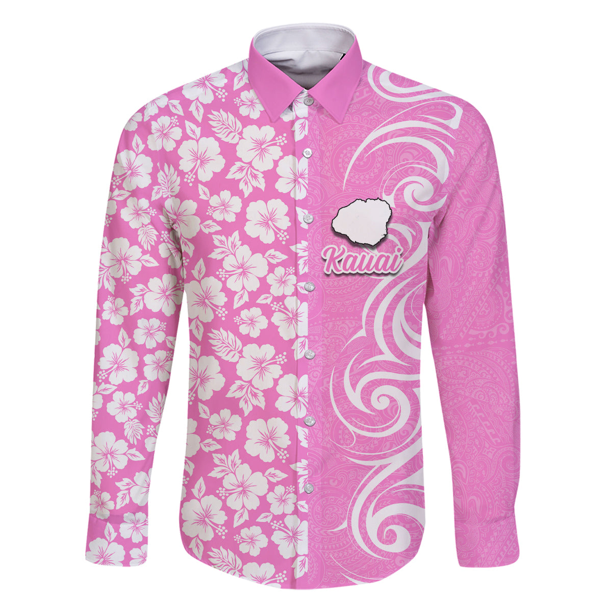 Custom Hawaii Kauai Island Family Matching Off Shoulder Maxi Dress and Hawaiian Shirt Hibiscus Pattern Seamless Tribal Simple Pink LT03 Dad's Shirt - Long Sleeve Pink - Polynesian Pride
