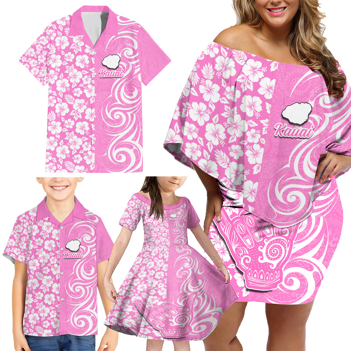 Custom Hawaii Kauai Island Family Matching Off Shoulder Short Dress and Hawaiian Shirt Hibiscus Pattern Seamless Tribal Simple Pink LT03 - Polynesian Pride