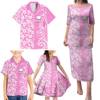 Custom Hawaii Kauai Island Family Matching Puletasi Dress and Hawaiian Shirt Hibiscus Pattern Seamless Tribal Simple Pink LT03 - Polynesian Pride