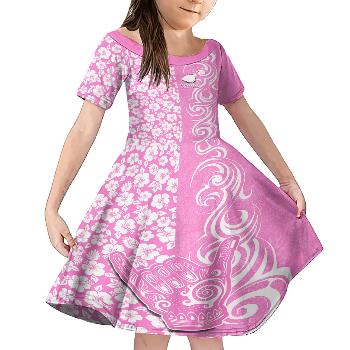 Custom Hawaii Kauai Island Family Matching Short Sleeve Bodycon Dress and Hawaiian Shirt Hibiscus Pattern Seamless Tribal Simple Pink LT03 Daughter's Dress Pink - Polynesian Pride