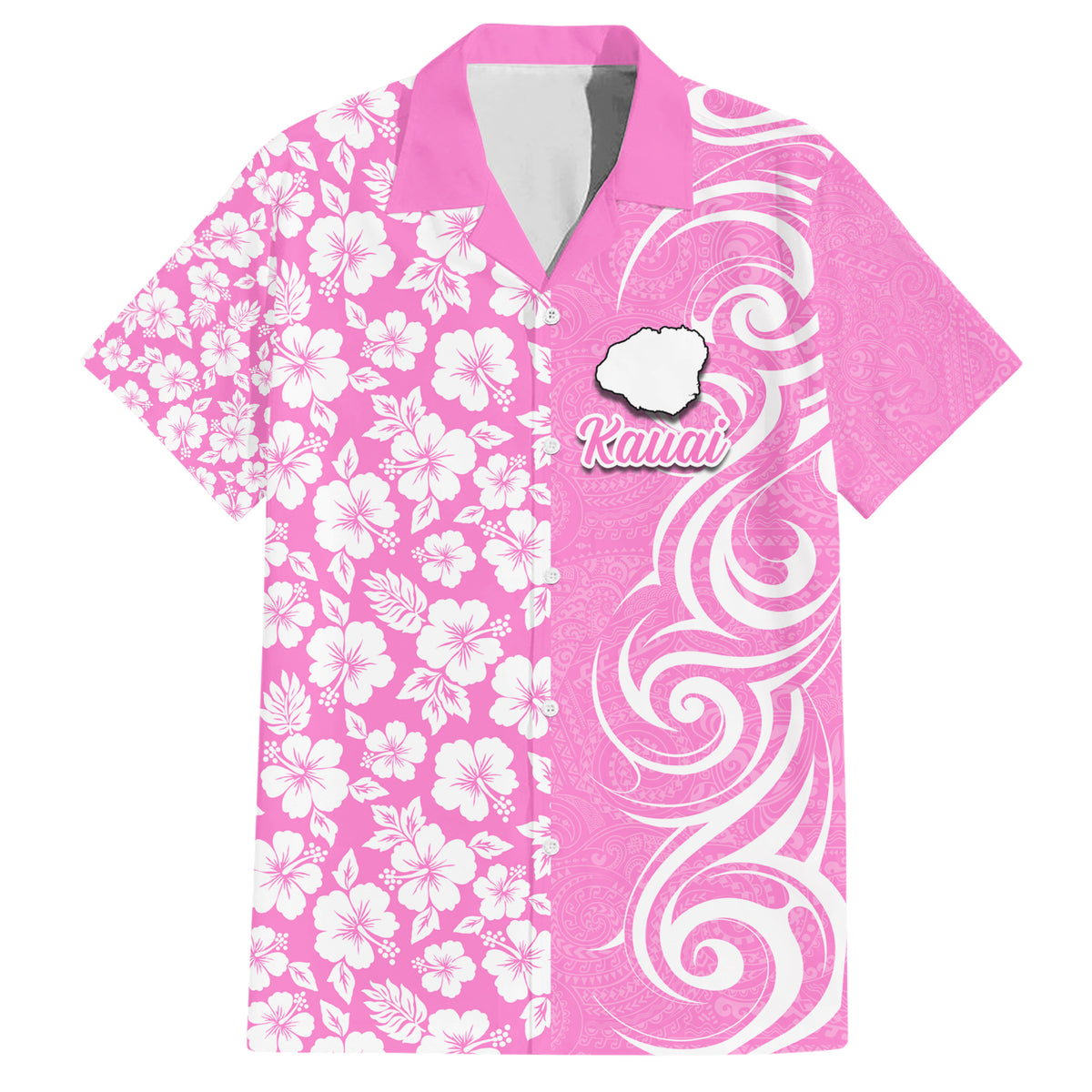 Custom Hawaii Kauai Island Family Matching Short Sleeve Bodycon Dress and Hawaiian Shirt Hibiscus Pattern Seamless Tribal Simple Pink LT03 Dad's Shirt - Short Sleeve Pink - Polynesian Pride