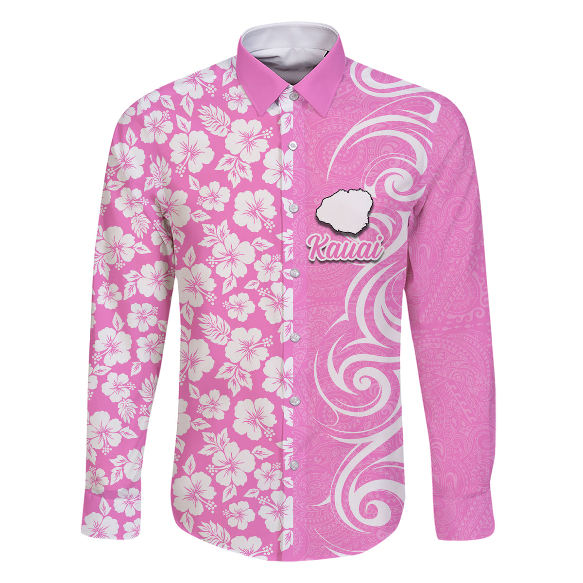 Custom Hawaii Kauai Island Family Matching Short Sleeve Bodycon Dress and Hawaiian Shirt Hibiscus Pattern Seamless Tribal Simple Pink LT03 Dad's Shirt - Long Sleeve Pink - Polynesian Pride