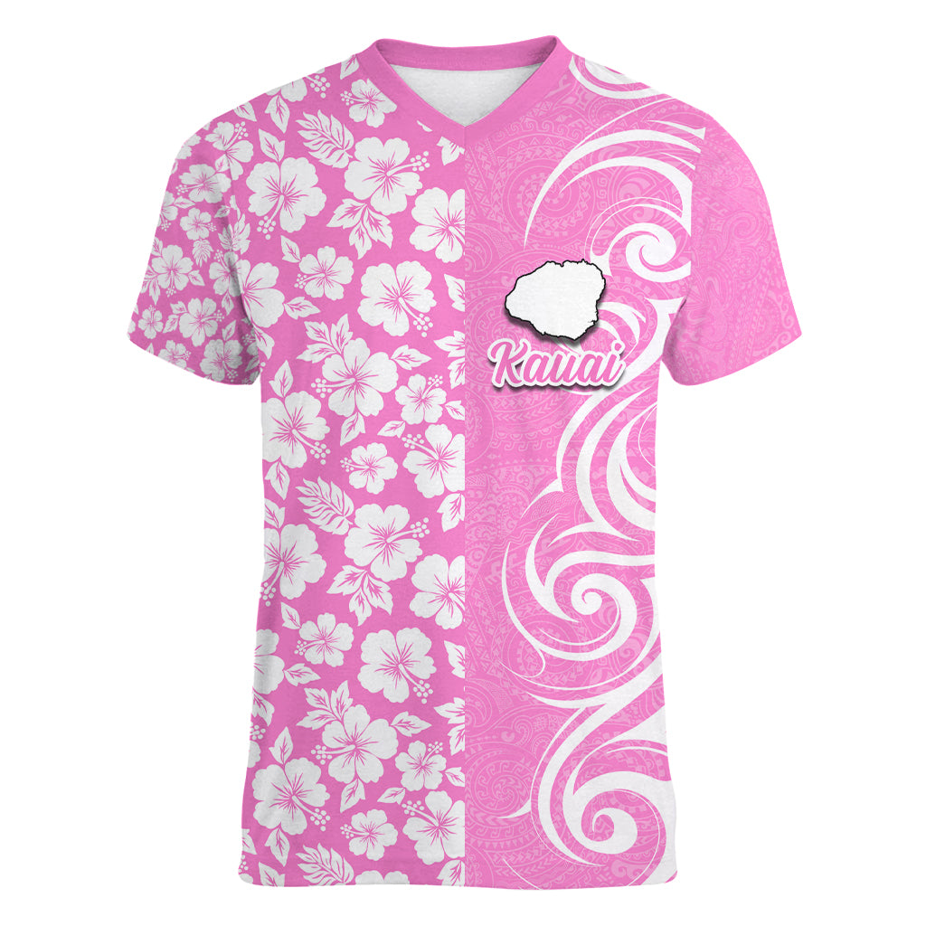 Custom Hawaii Kauai Island Women V Neck T Shirt Hibiscus Pattern Seamless Tribal Simple Pink LT03 Female Pink - Polynesian Pride