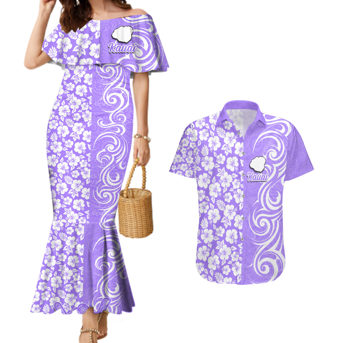 Hawaii Kauai Island Couples Matching Mermaid Dress and Hawaiian Shirt Hibiscus Pattern Seamless Tribal Simple Purple LT03 Purple - Polynesian Pride