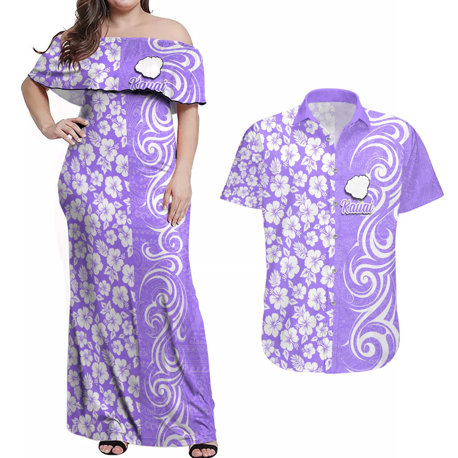 Hawaii Kauai Island Couples Matching Off Shoulder Maxi Dress and Hawaiian Shirt Hibiscus Pattern Seamless Tribal Simple Purple LT03 Purple - Polynesian Pride