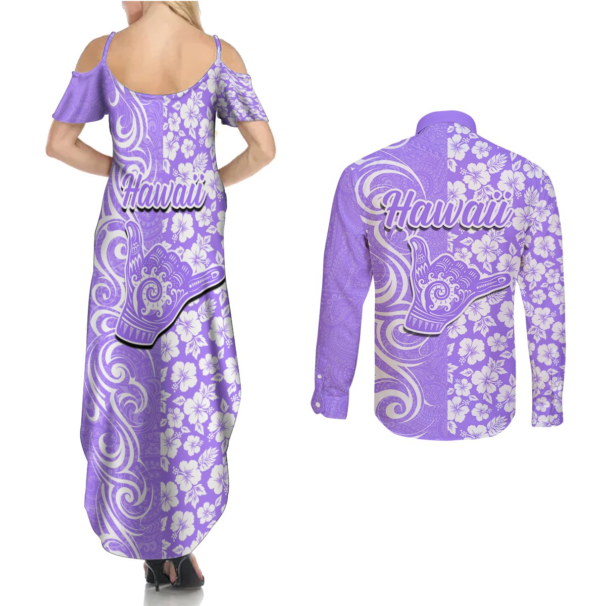 Hawaii Kauai Island Couples Matching Summer Maxi Dress and Long Sleeve Button Shirts Hibiscus Pattern Seamless Tribal Simple Purple LT03 - Polynesian Pride