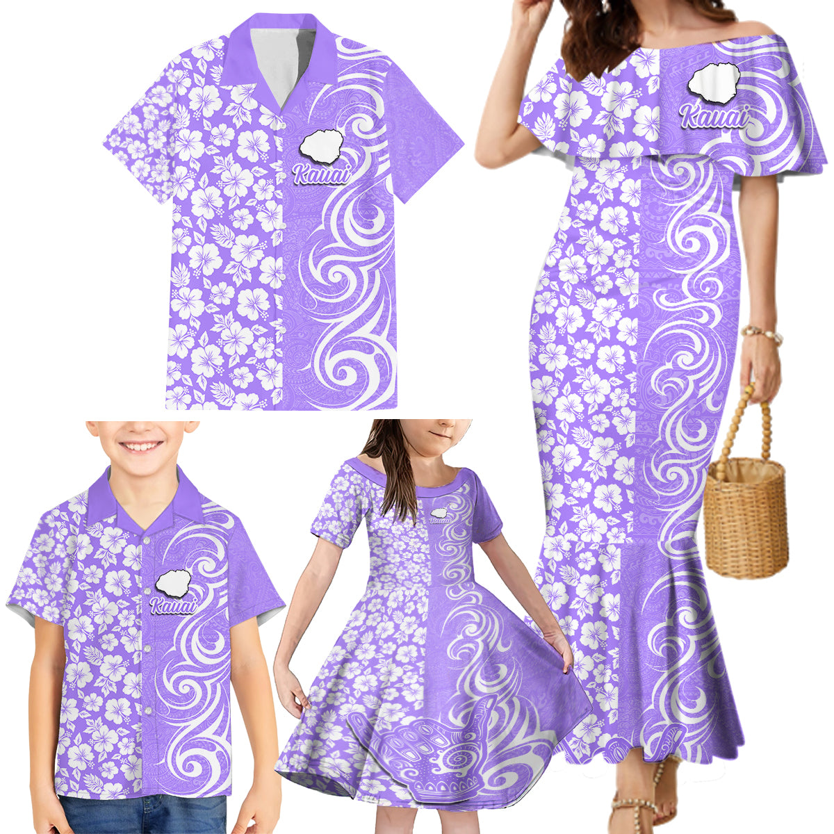 Hawaii Kauai Island Family Matching Mermaid Dress and Hawaiian Shirt Hibiscus Pattern Seamless Tribal Simple Purple LT03 - Polynesian Pride