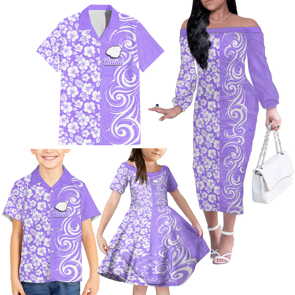 Hawaii Kauai Island Family Matching Off Shoulder Long Sleeve Dress and Hawaiian Shirt Hibiscus Pattern Seamless Tribal Simple Purple LT03 - Polynesian Pride