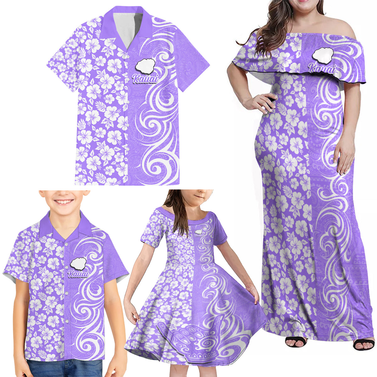 Hawaii Kauai Island Family Matching Off Shoulder Maxi Dress and Hawaiian Shirt Hibiscus Pattern Seamless Tribal Simple Purple LT03 - Polynesian Pride