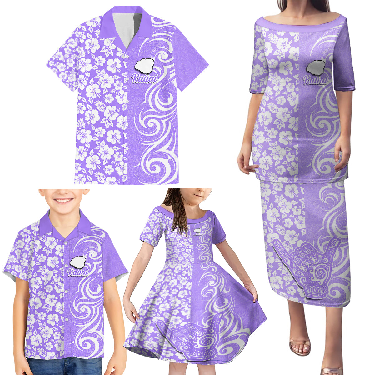 Hawaii Kauai Island Family Matching Puletasi Dress and Hawaiian Shirt Hibiscus Pattern Seamless Tribal Simple Purple LT03 - Polynesian Pride