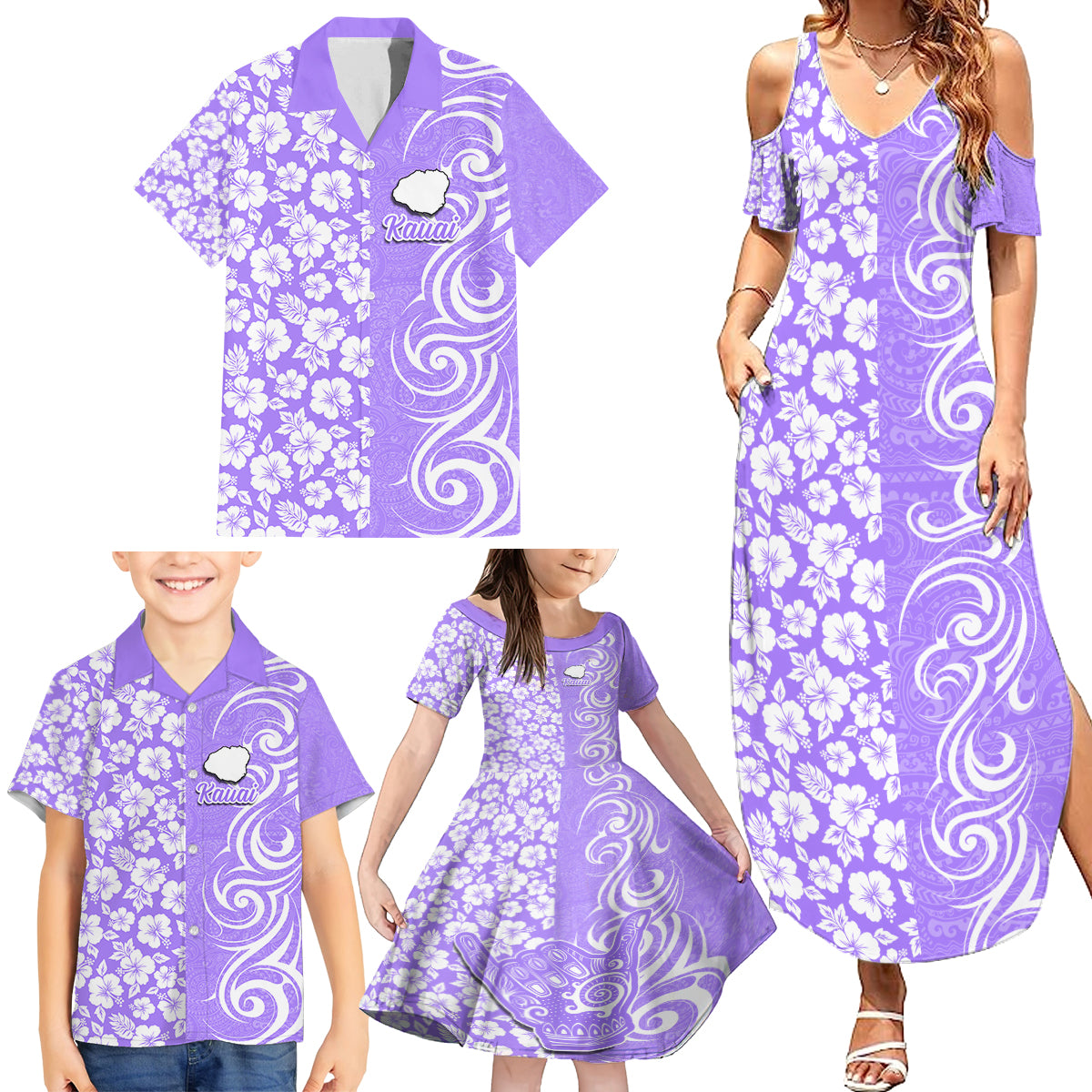 Hawaii Kauai Island Family Matching Summer Maxi Dress and Hawaiian Shirt Hibiscus Pattern Seamless Tribal Simple Purple LT03 - Polynesian Pride