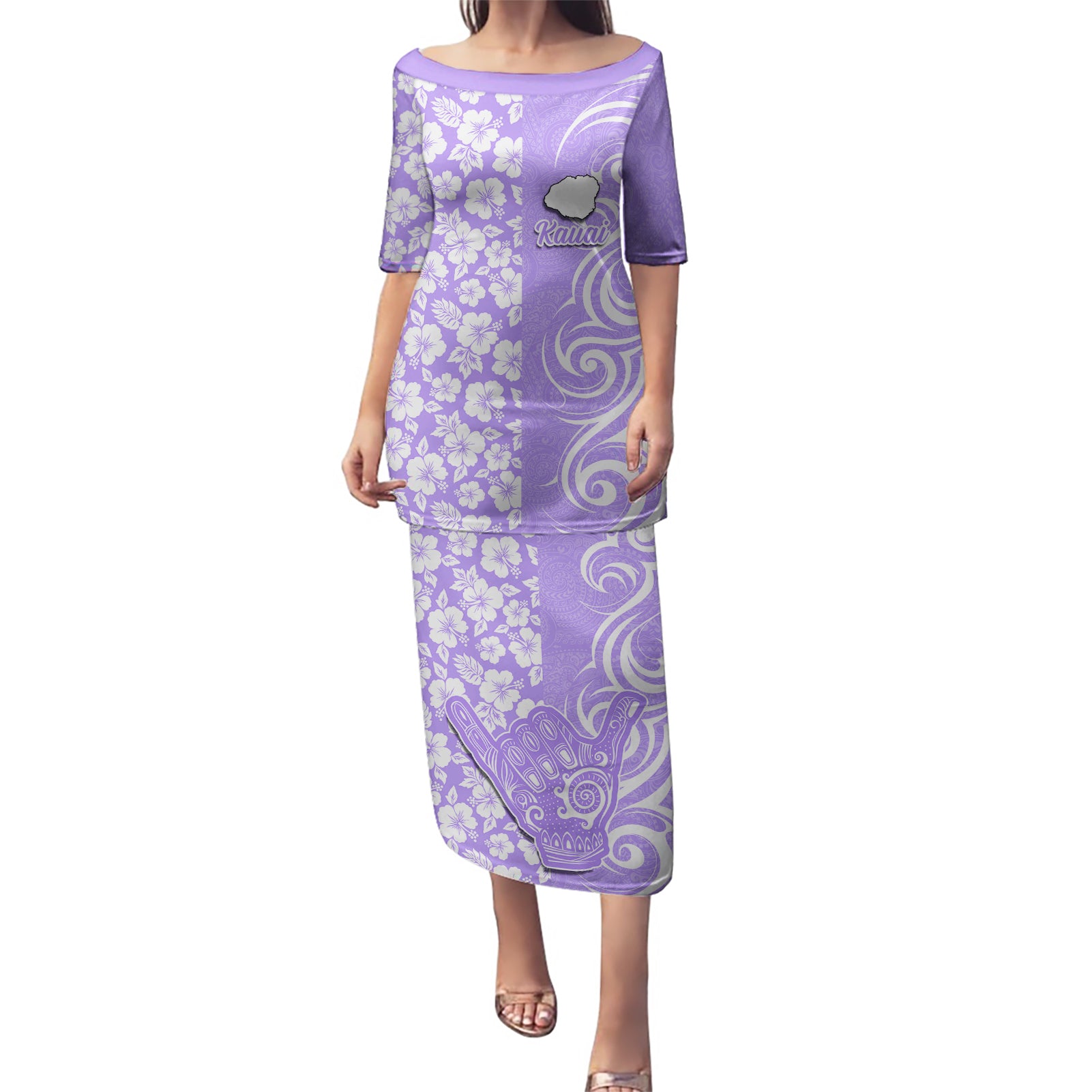 Hawaii Kauai Island Puletasi Hibiscus Pattern Seamless Tribal Simple Purple LT03 Long Dress Purple - Polynesian Pride