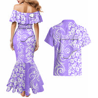 Custom Hawaii Kauai Island Couples Matching Mermaid Dress and Hawaiian Shirt Hibiscus Pattern Seamless Tribal Simple Purple LT03 - Polynesian Pride