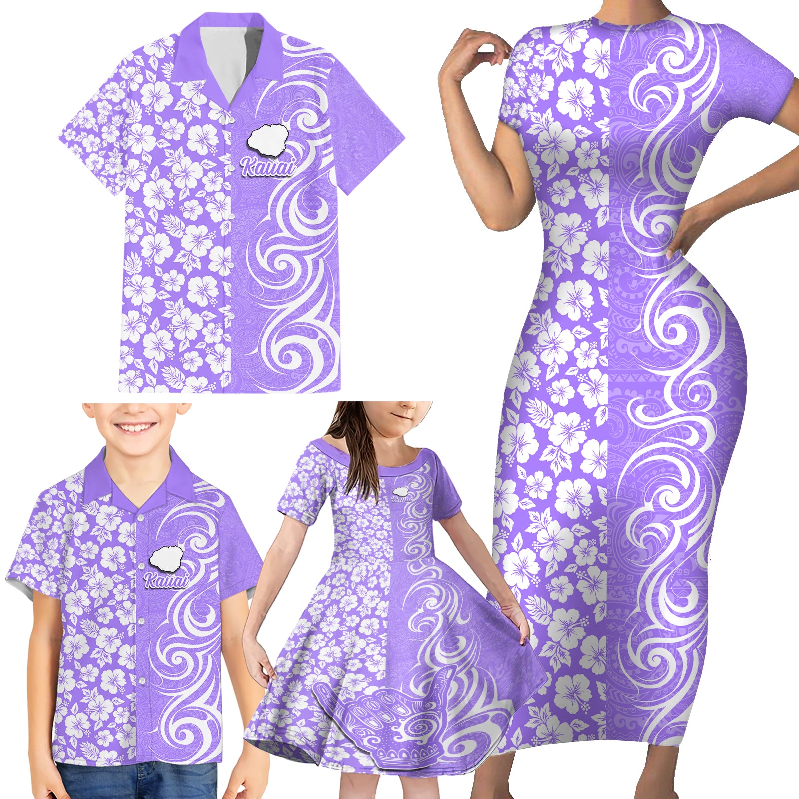 Custom Hawaii Kauai Island Family Matching Short Sleeve Bodycon Dress and Hawaiian Shirt Hibiscus Pattern Seamless Tribal Simple Purple LT03 - Polynesian Pride