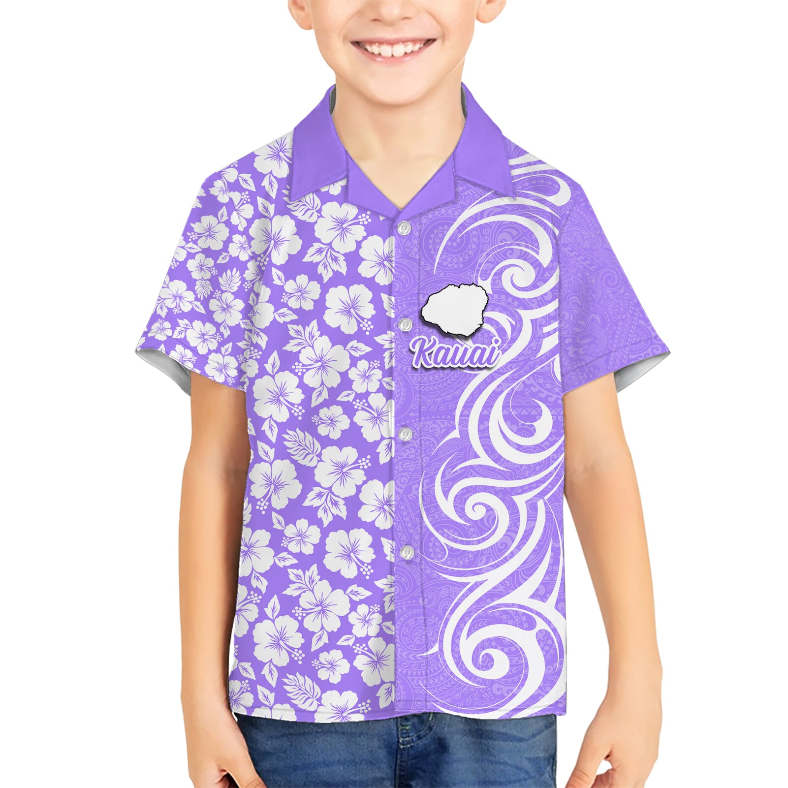 Custom Hawaii Kauai Island Kid Hawaiian Shirt Hibiscus Pattern Seamless Tribal Simple Purple LT03 Kid Purple - Polynesian Pride