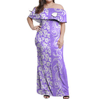 Custom Hawaii Kauai Island Off Shoulder Maxi Dress Hibiscus Pattern Seamless Tribal Simple Purple LT03 Women Purple - Polynesian Pride