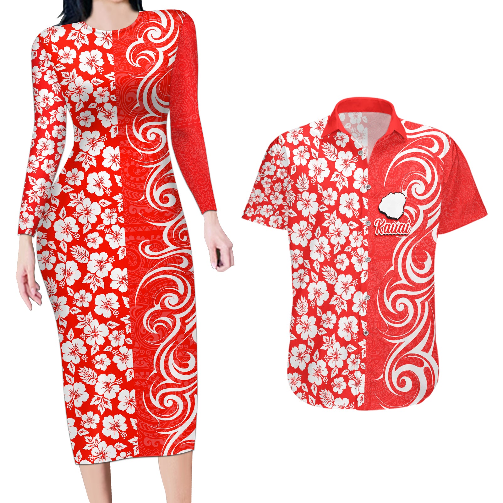 Hawaii Kauai Island Couples Matching Long Sleeve Bodycon Dress and Hawaiian Shirt Hibiscus Pattern Seamless Tribal Simple Red LT03 Red - Polynesian Pride