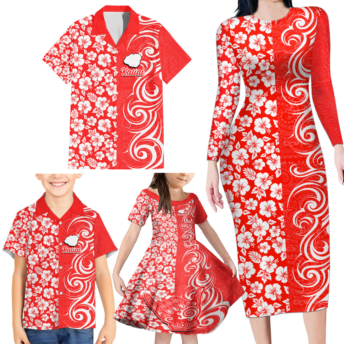 Hawaii Kauai Island Family Matching Long Sleeve Bodycon Dress and Hawaiian Shirt Hibiscus Pattern Seamless Tribal Simple Red LT03 - Polynesian Pride