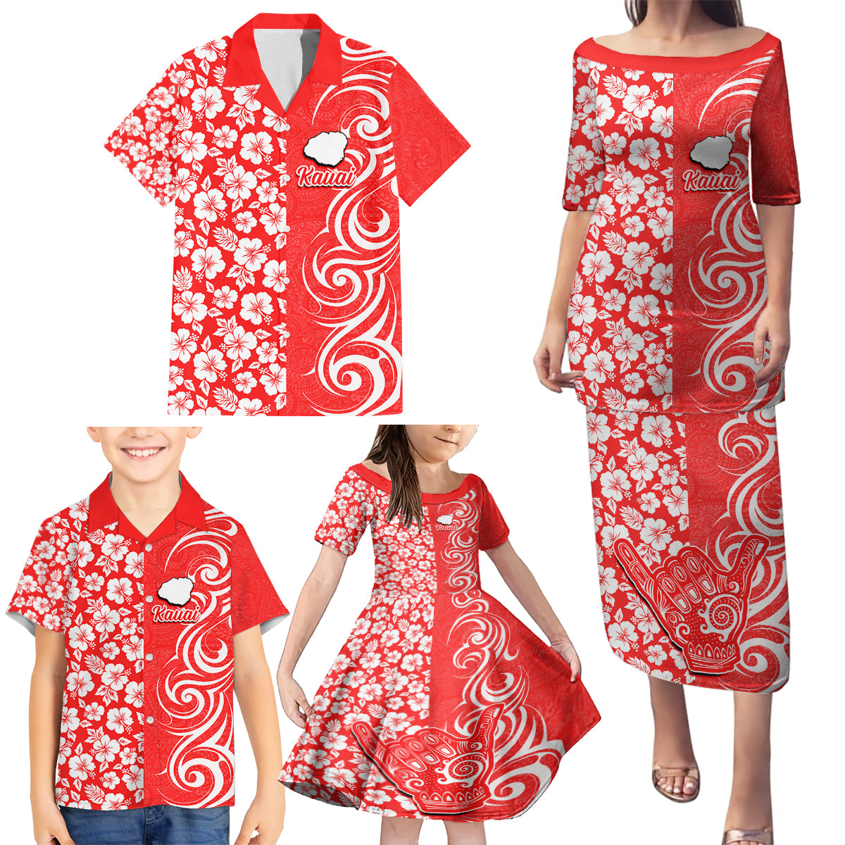 Hawaii Kauai Island Family Matching Puletasi Dress and Hawaiian Shirt Hibiscus Pattern Seamless Tribal Simple Red LT03 - Polynesian Pride