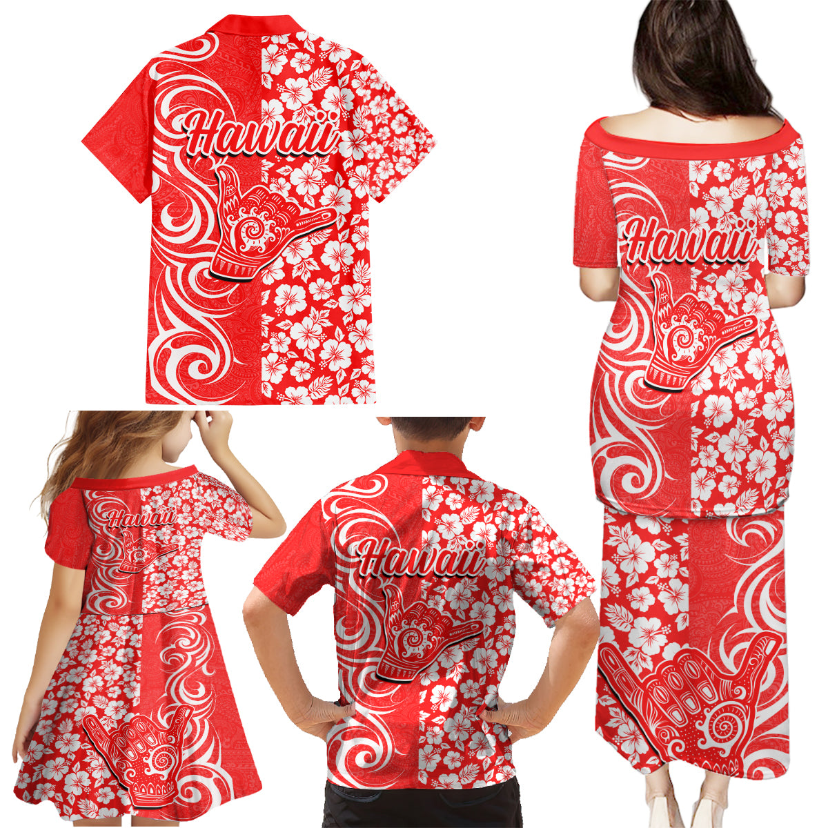 Hawaii Kauai Island Family Matching Puletasi Dress and Hawaiian Shirt Hibiscus Pattern Seamless Tribal Simple Red LT03 - Polynesian Pride