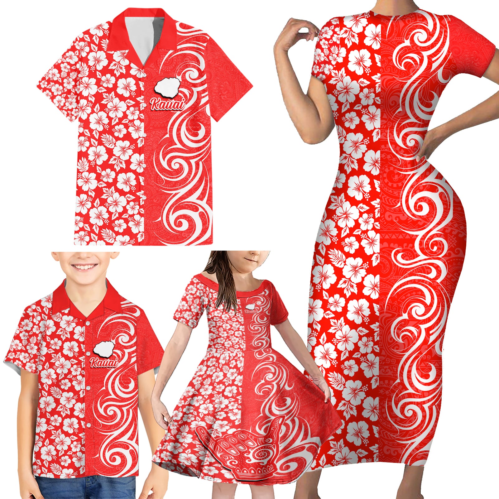 Hawaii Kauai Island Family Matching Short Sleeve Bodycon Dress and Hawaiian Shirt Hibiscus Pattern Seamless Tribal Simple Red LT03 - Polynesian Pride