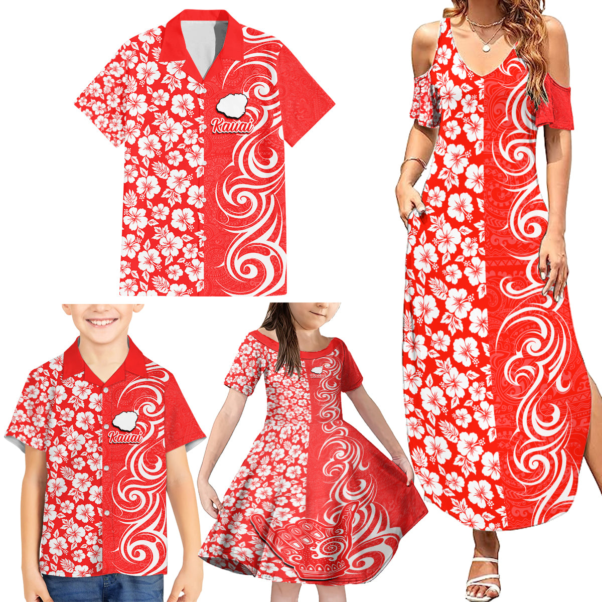 Hawaii Kauai Island Family Matching Summer Maxi Dress and Hawaiian Shirt Hibiscus Pattern Seamless Tribal Simple Red LT03 - Polynesian Pride