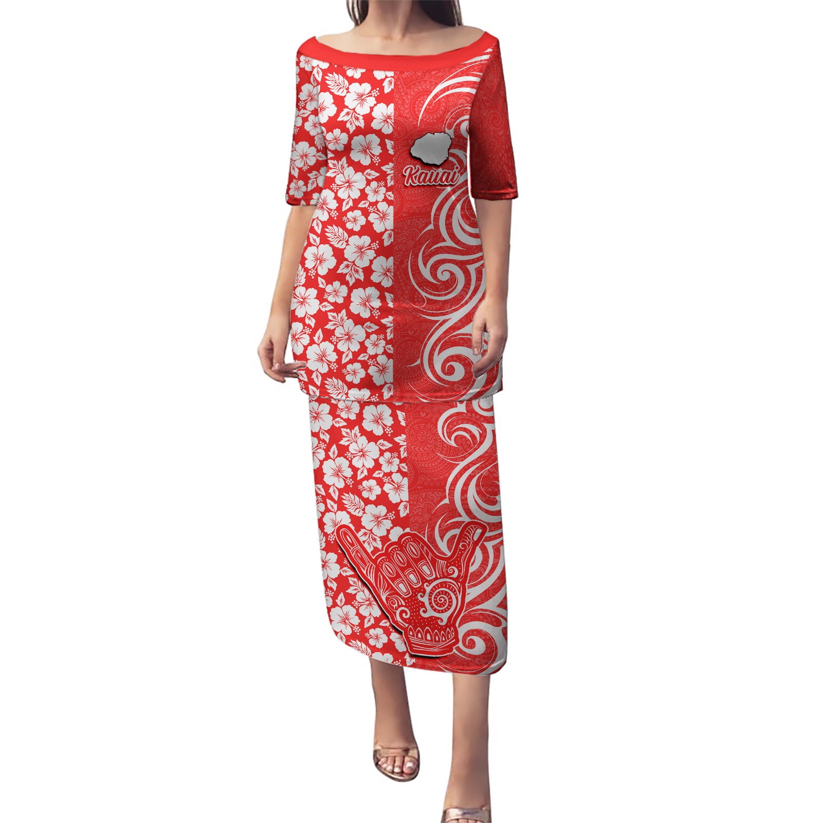 Hawaii Kauai Island Puletasi Hibiscus Pattern Seamless Tribal Simple Red LT03 Long Dress Red - Polynesian Pride