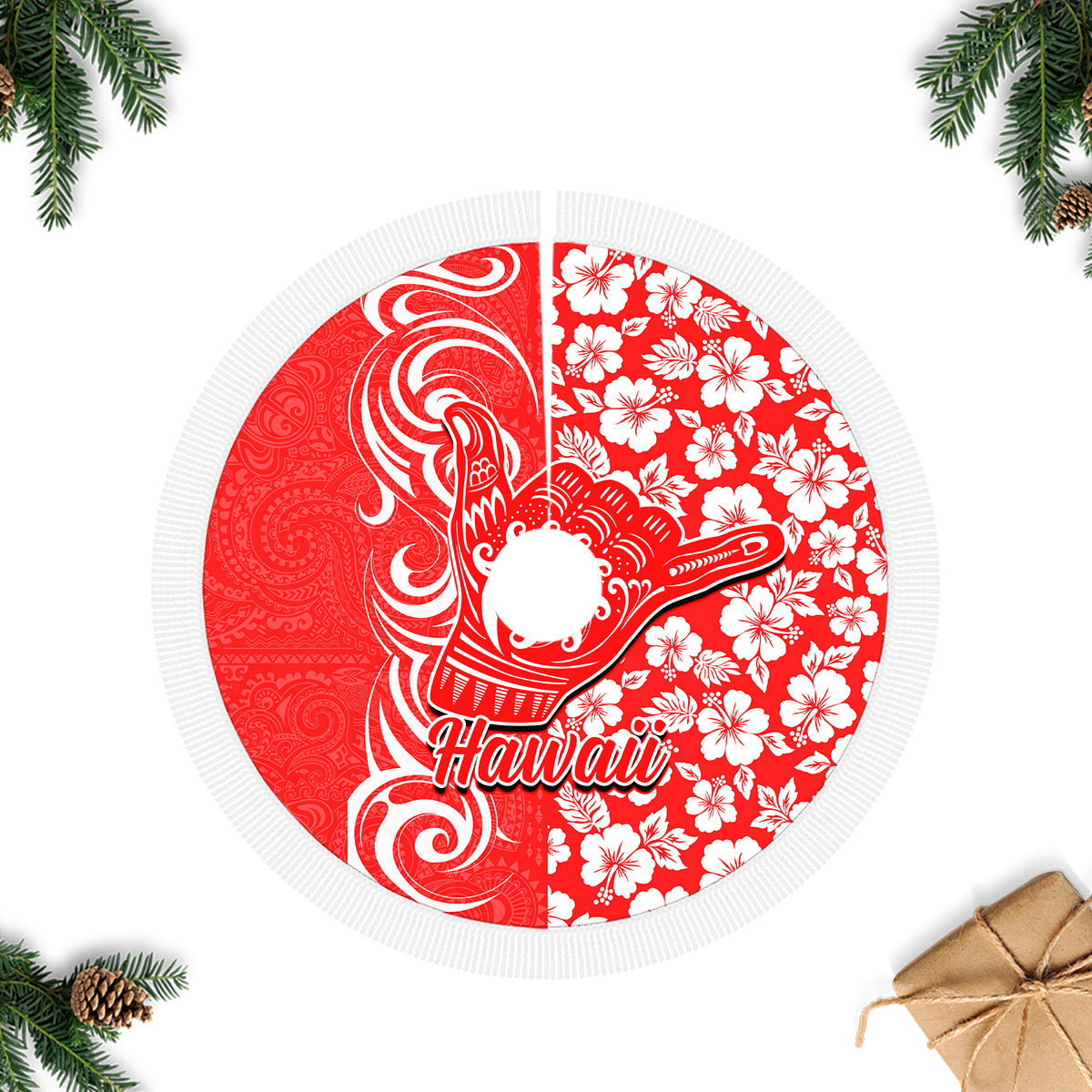 Hawaii Kauai Island Tree Skirt Hibiscus Pattern Seamless Tribal Simple Red LT03 - Polynesian Pride