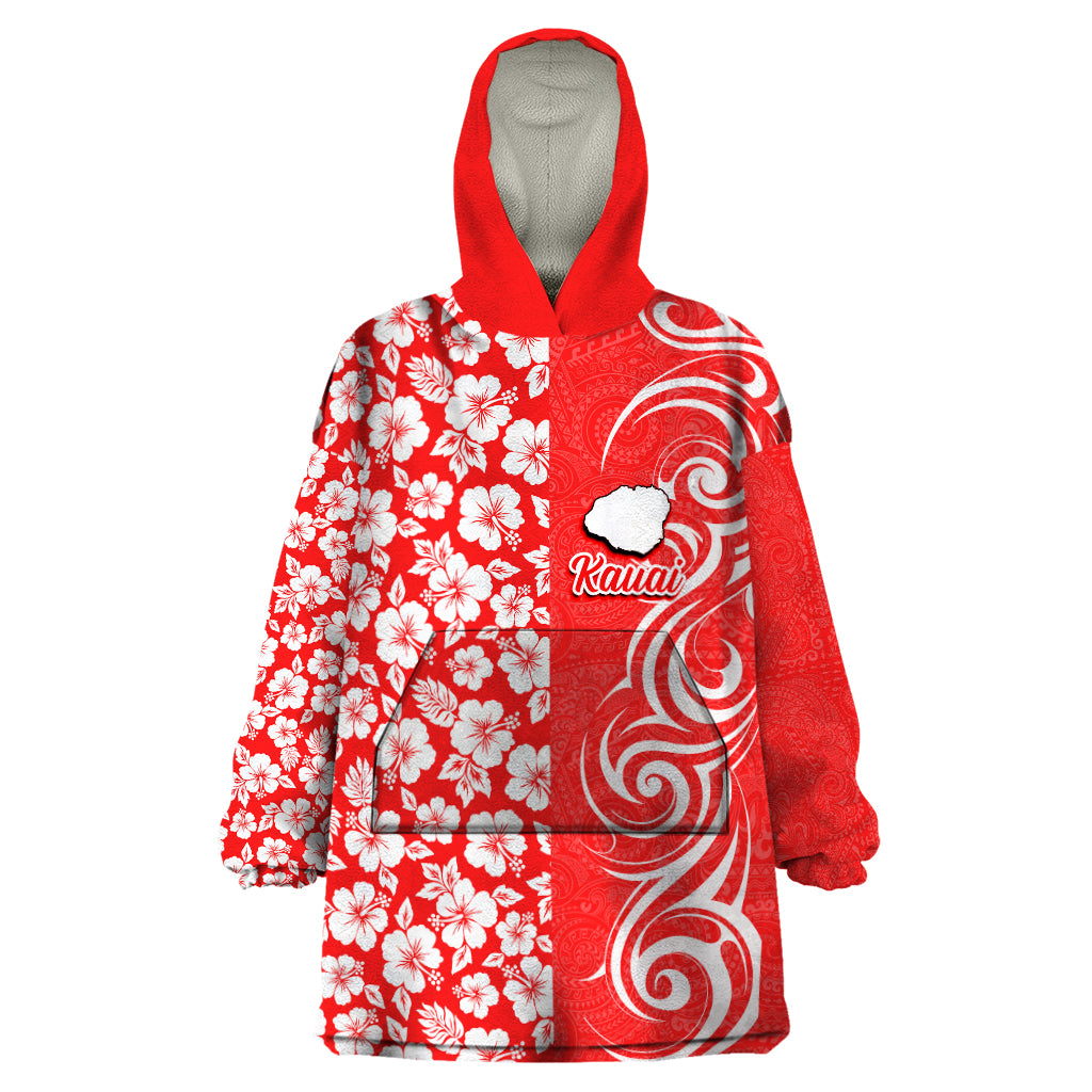 Hawaii Kauai Island Wearable Blanket Hoodie Hibiscus Pattern Seamless Tribal Simple Red LT03 One Size Red - Polynesian Pride