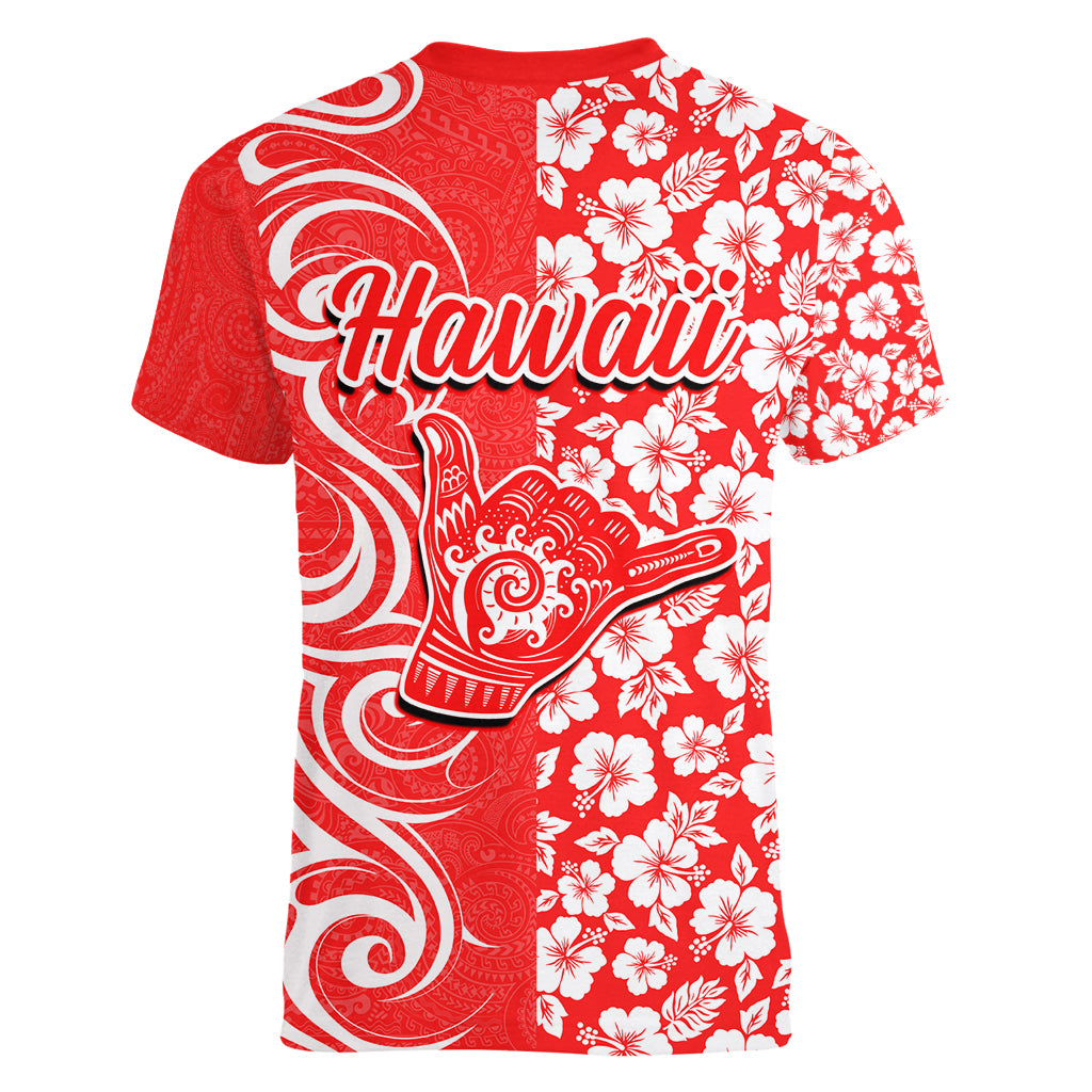 Hawaii Kauai Island Women V Neck T Shirt Hibiscus Pattern Seamless Tribal Simple Red LT03 - Polynesian Pride