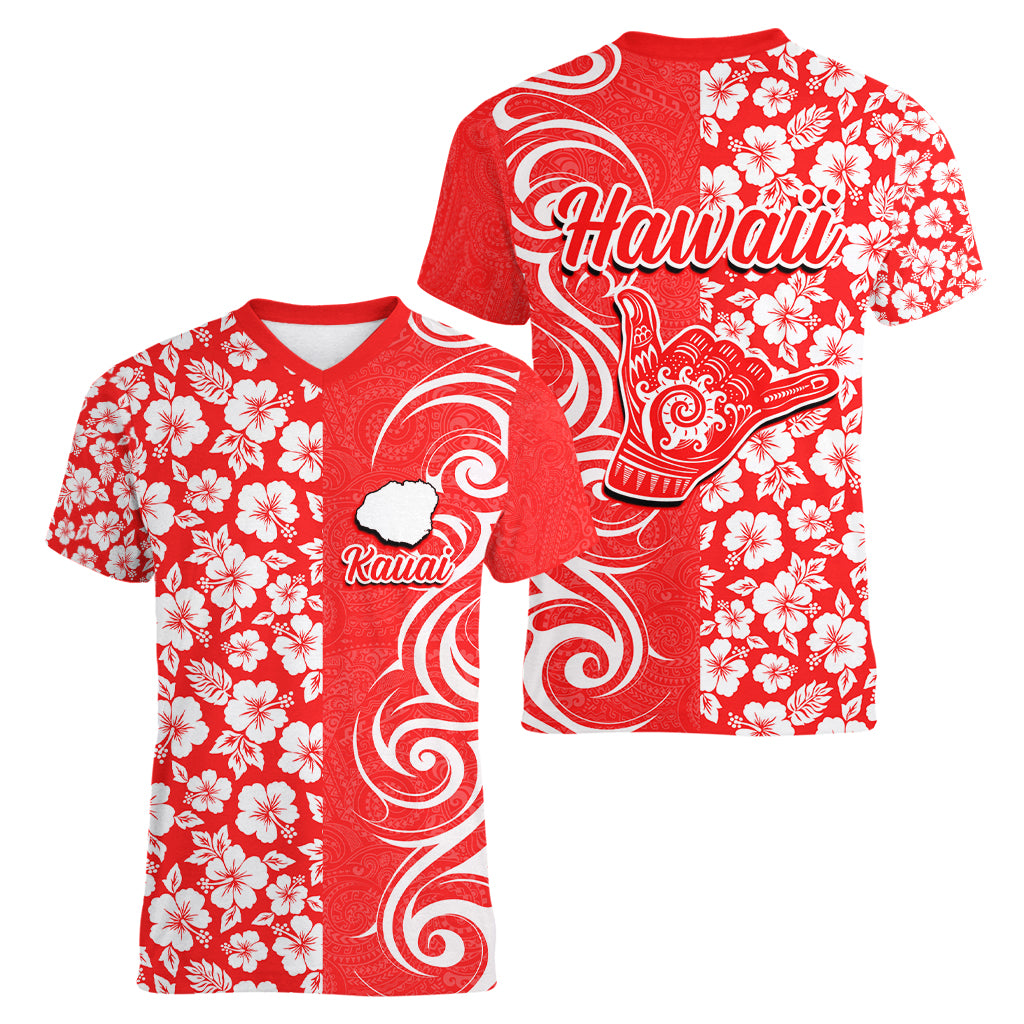 Hawaii Kauai Island Women V Neck T Shirt Hibiscus Pattern Seamless Tribal Simple Red LT03 - Polynesian Pride