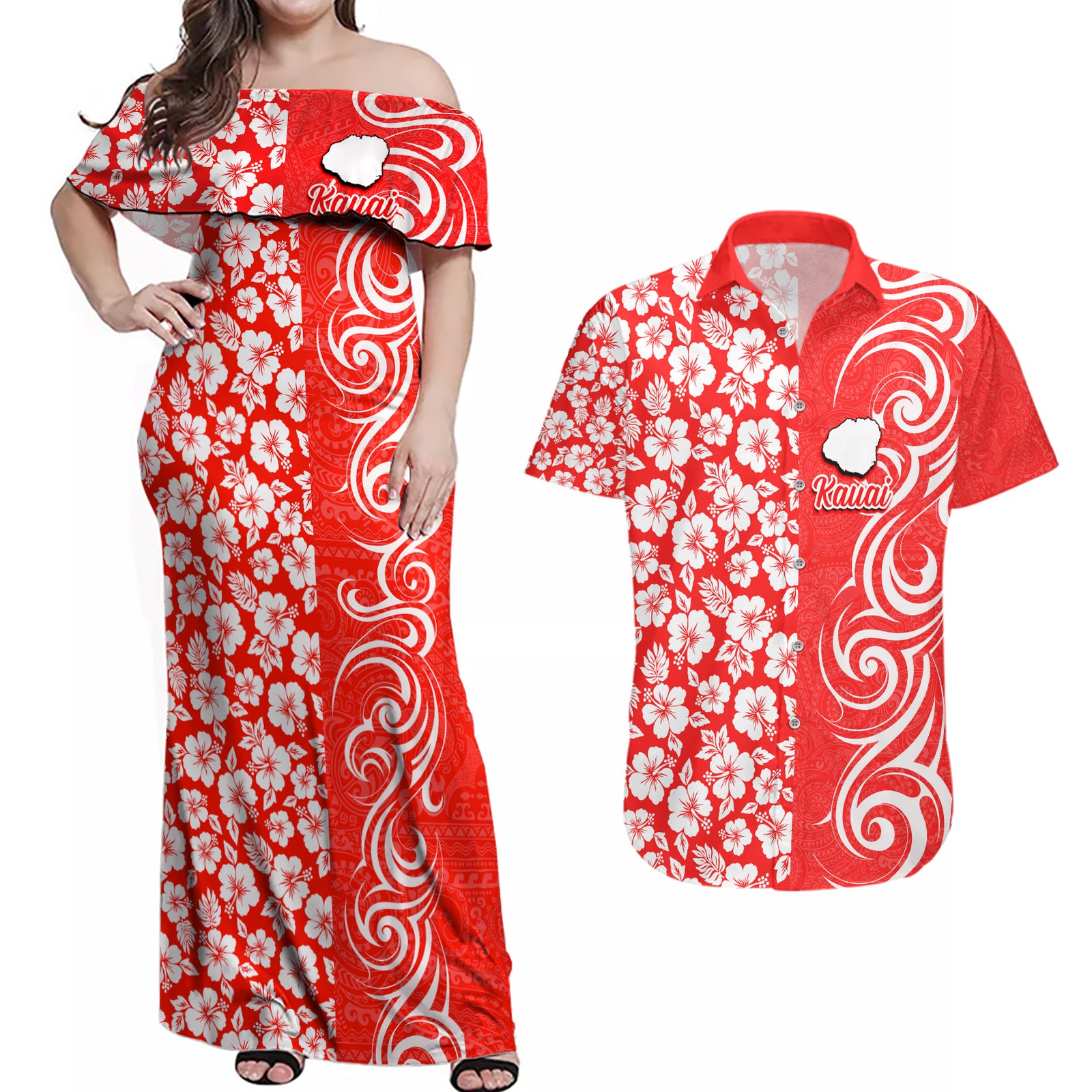 Custom Hawaii Kauai Island Couples Matching Off Shoulder Maxi Dress and Hawaiian Shirt Hibiscus Pattern Seamless Tribal Simple Red LT03 Red - Polynesian Pride