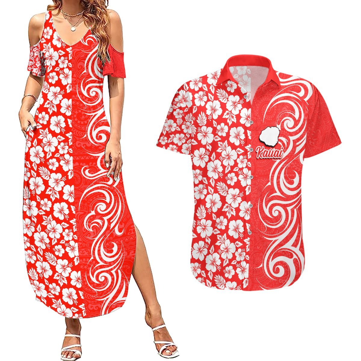 Custom Hawaii Kauai Island Couples Matching Summer Maxi Dress and Hawaiian Shirt Hibiscus Pattern Seamless Tribal Simple Red LT03 Red - Polynesian Pride