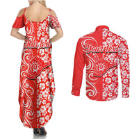 Custom Hawaii Kauai Island Couples Matching Summer Maxi Dress and Long Sleeve Button Shirts Hibiscus Pattern Seamless Tribal Simple Red LT03 - Polynesian Pride