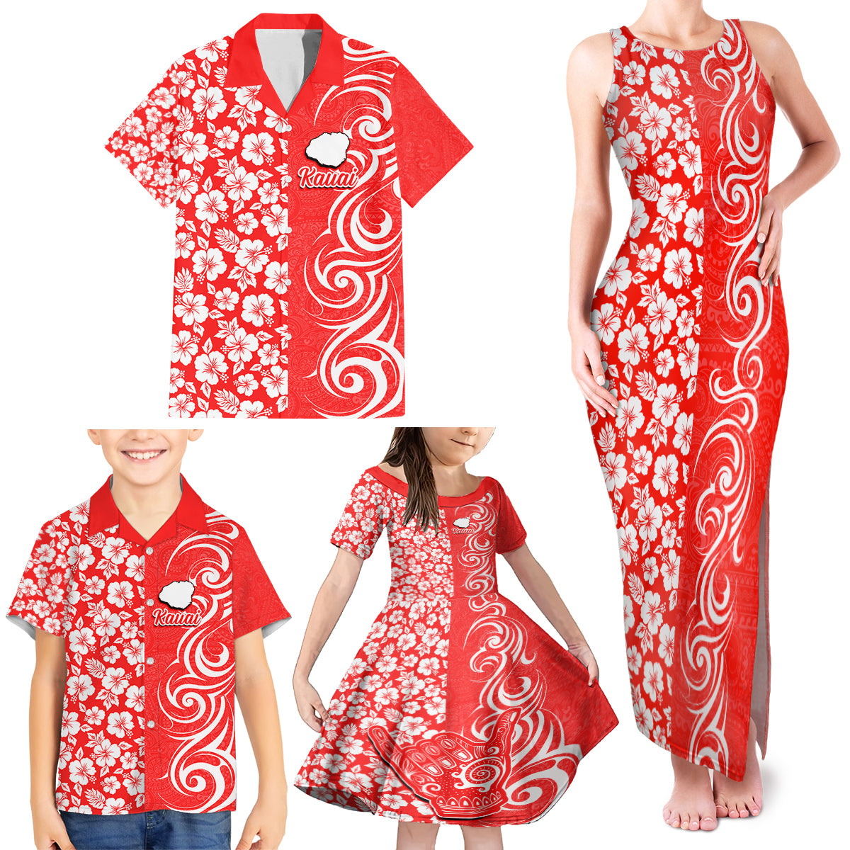 Custom Hawaii Kauai Island Family Matching Tank Maxi Dress and Hawaiian Shirt Hibiscus Pattern Seamless Tribal Simple Red LT03 - Polynesian Pride