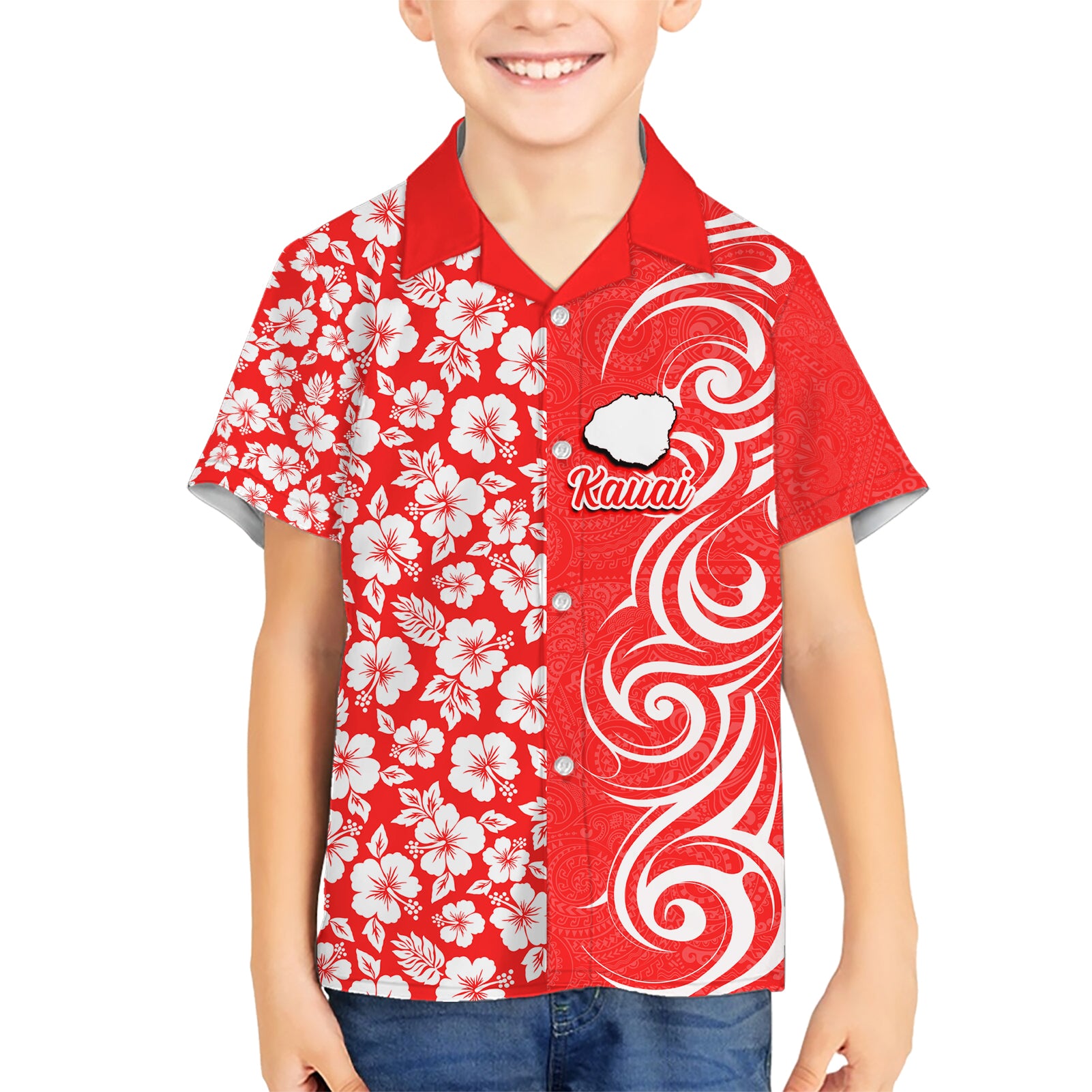 Custom Hawaii Kauai Island Kid Hawaiian Shirt Hibiscus Pattern Seamless Tribal Simple Red LT03 Kid Red - Polynesian Pride