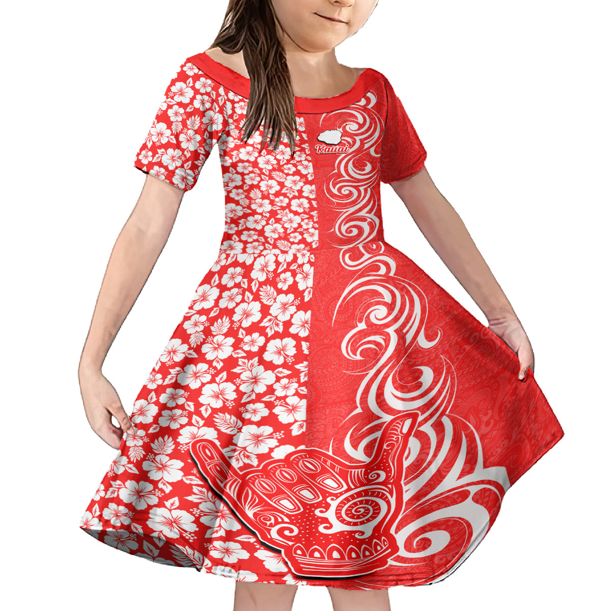 Custom Hawaii Kauai Island Kid Short Sleeve Dress Hibiscus Pattern Seamless Tribal Simple Red LT03 KID Red - Polynesian Pride