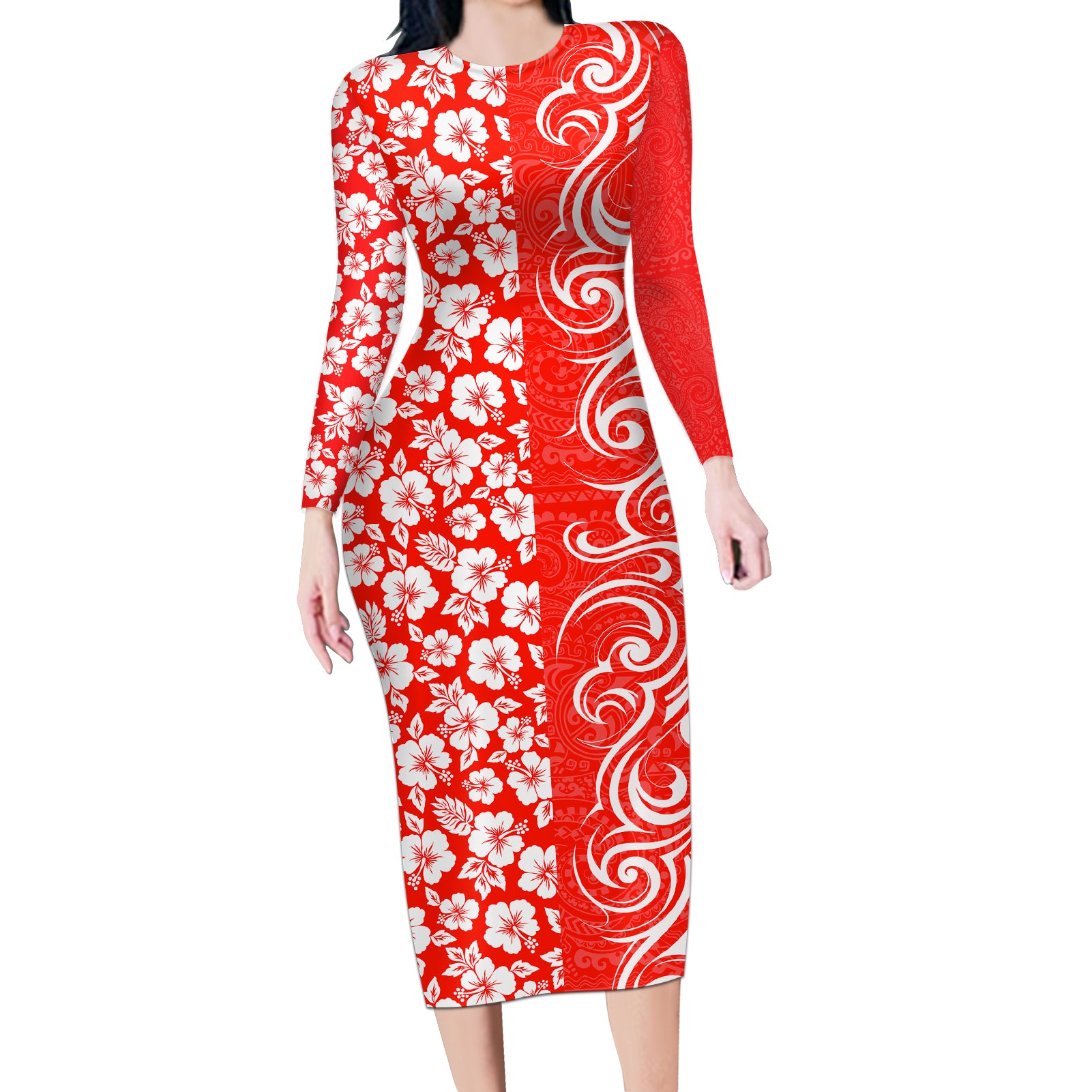 Custom Hawaii Kauai Island Long Sleeve Bodycon Dress Hibiscus Pattern Seamless Tribal Simple Red LT03 Long Dress Red - Polynesian Pride