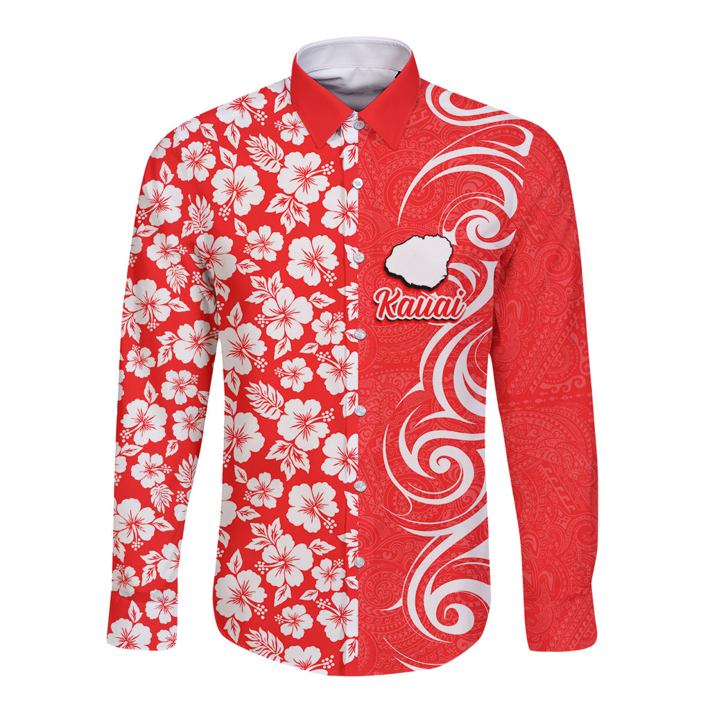 Custom Hawaii Kauai Island Long Sleeve Button Shirt Hibiscus Pattern Seamless Tribal Simple Red LT03 Unisex Red - Polynesian Pride