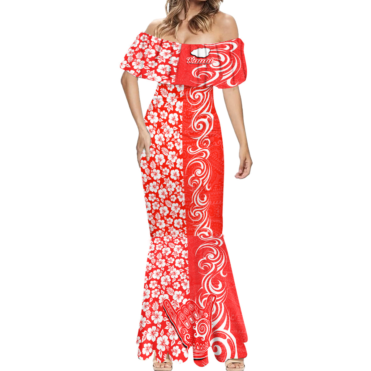 Custom Hawaii Kauai Island Mermaid Dress Hibiscus Pattern Seamless Tribal Simple Red LT03 - Polynesian Pride