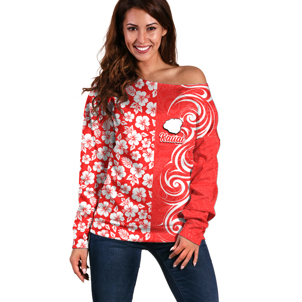 Custom Hawaii Kauai Island Off Shoulder Sweater Hibiscus Pattern Seamless Tribal Simple Red LT03 Women Red - Polynesian Pride