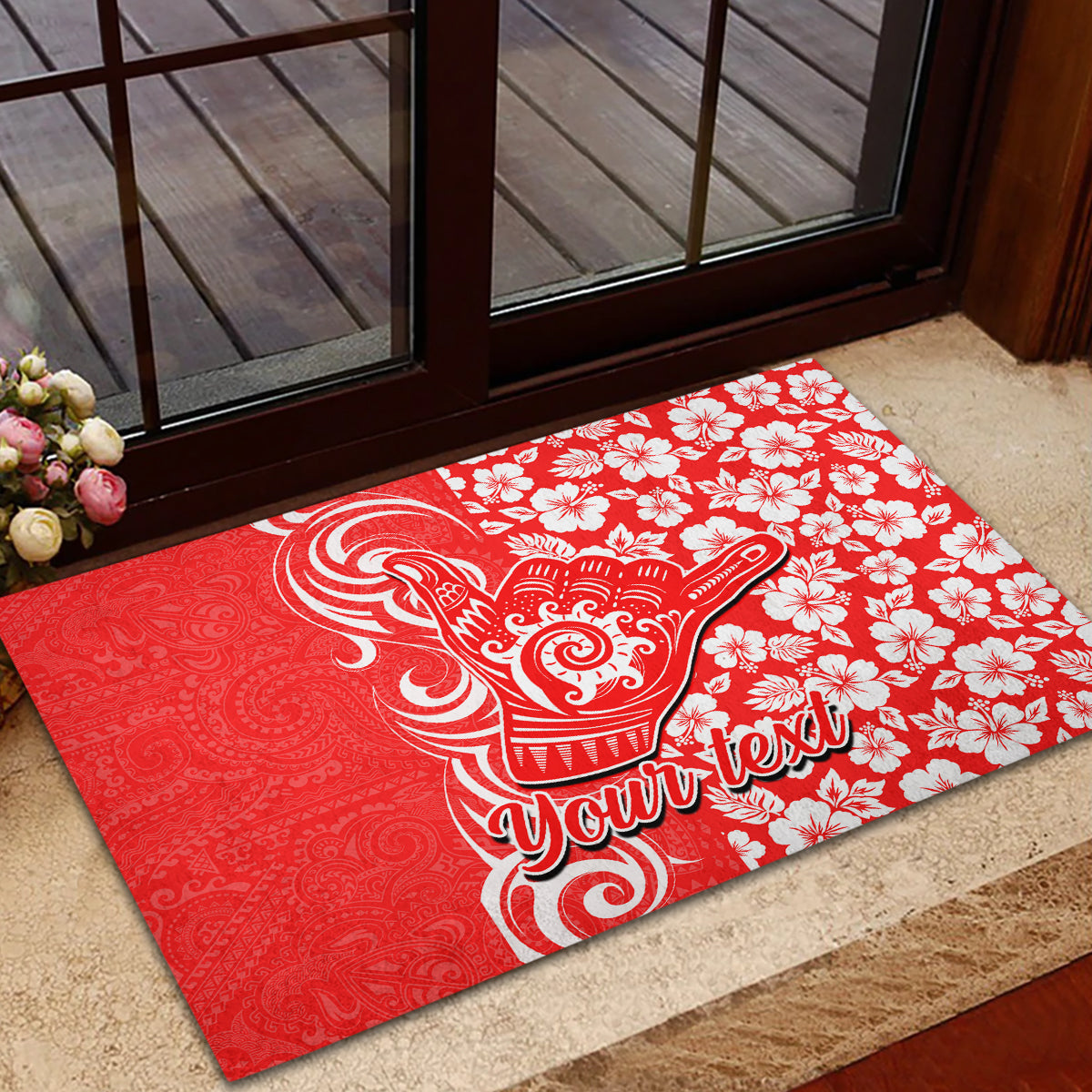 Custom Hawaii Kauai Island Rubber Doormat Hibiscus Pattern Seamless Tribal Simple Red LT03 - Polynesian Pride