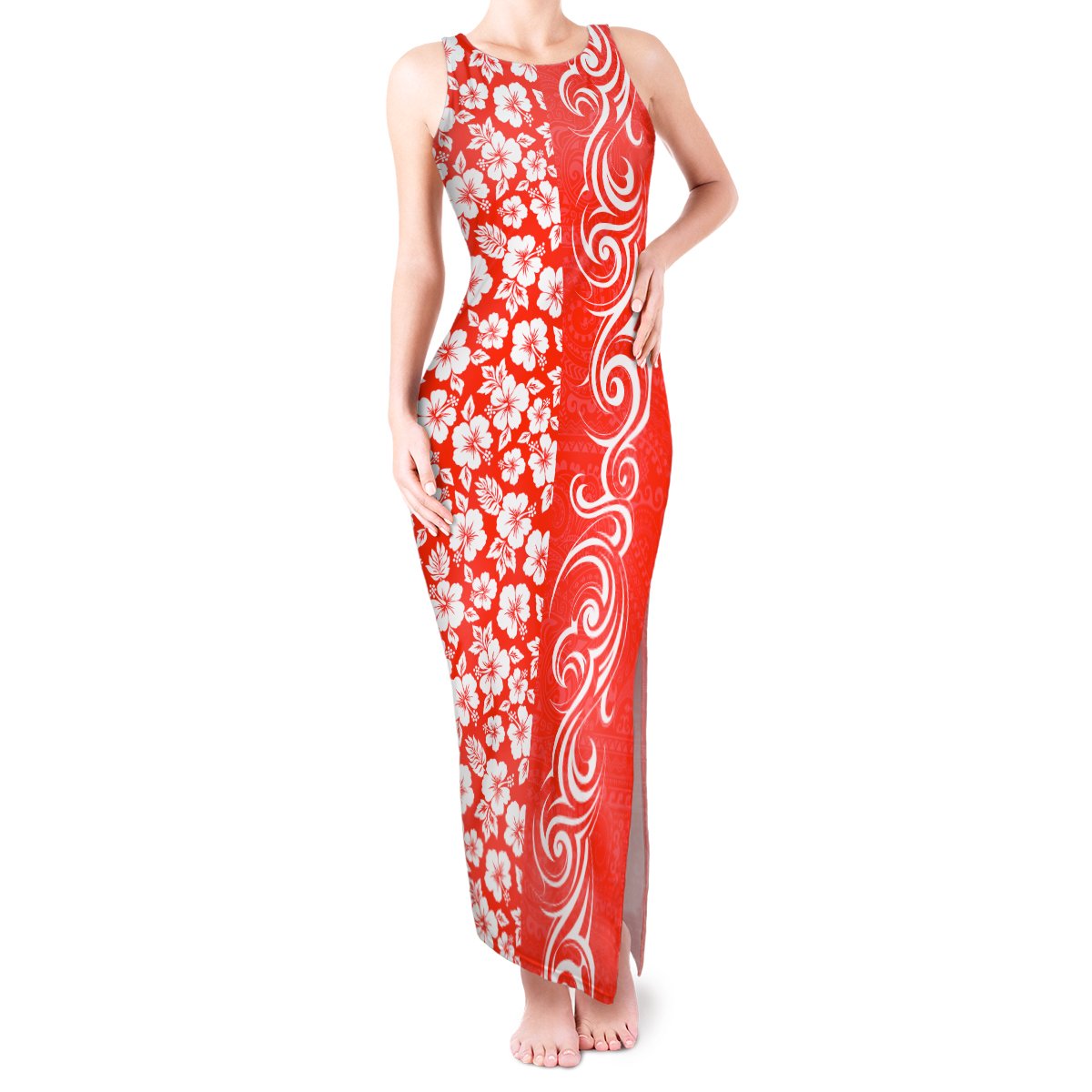 Custom Hawaii Kauai Island Tank Maxi Dress Hibiscus Pattern Seamless Tribal Simple Red LT03 Women Red - Polynesian Pride