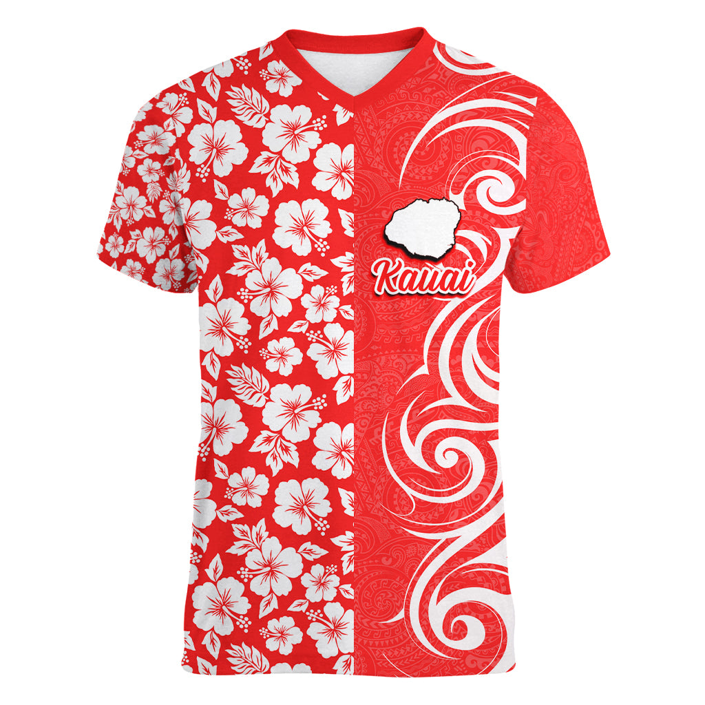 Custom Hawaii Kauai Island Women V Neck T Shirt Hibiscus Pattern Seamless Tribal Simple Red LT03 Female Red - Polynesian Pride