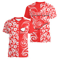 Custom Hawaii Kauai Island Women V Neck T Shirt Hibiscus Pattern Seamless Tribal Simple Red LT03 - Polynesian Pride