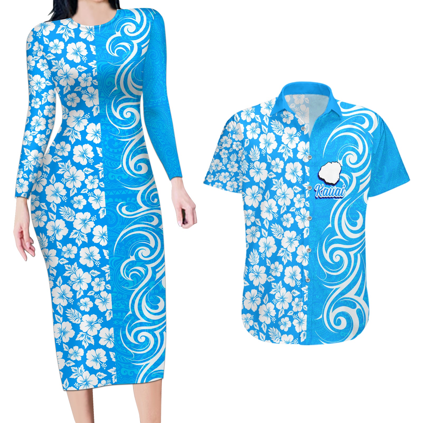 Hawaii Kauai Island Couples Matching Long Sleeve Bodycon Dress and Hawaiian Shirt Hibiscus Pattern Seamless Tribal Simple Blue LT03 Blue - Polynesian Pride